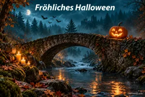 Eine Steinbrücke führt über einen Bach, Kerzen und ein leuchtender Kürbis erhellen die Nacht; oben steht "Fröhliches Halloween".