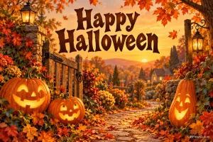 Leuchtende Kürbisse und Laternen stehen an einem offenen Gartentor im Herbstlaub unter dem Gruß "Happy Halloween".