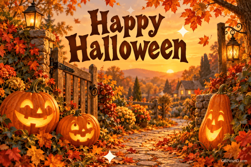 Leuchtende Kürbisse und Laternen stehen an einem offenen Gartentor im Herbstlaub unter dem Gruß "Happy Halloween".