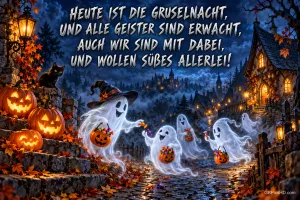 Geister mit Kürbiseimern: "HEUTE IST DIE GRUSELNACHT UND ALLE GEISTER SIND ERWACHT, AUCH WIR SIND MIT DABEI, UND WOLLEN SÜSSES ALLERLEI!".