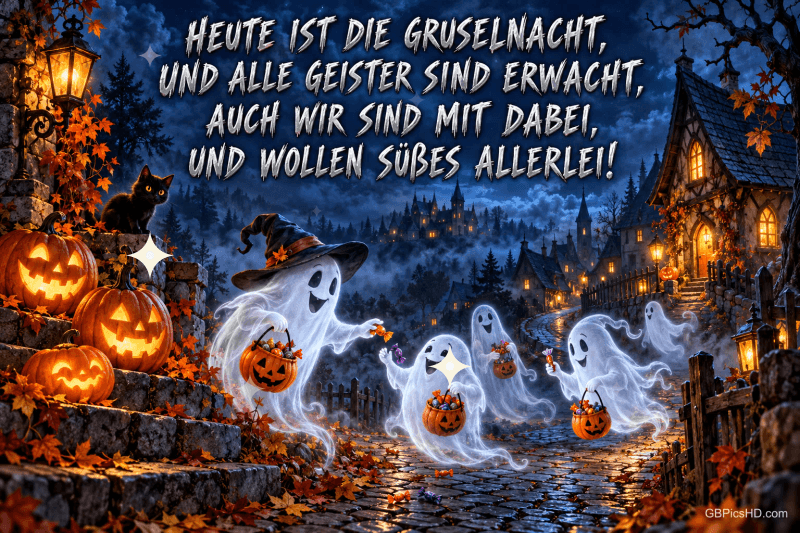 Geister mit Kürbiseimern: "HEUTE IST DIE GRUSELNACHT UND ALLE GEISTER SIND ERWACHT, AUCH WIR SIND MIT DABEI, UND WOLLEN SÜSSES ALLERLEI!".