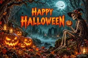 Ein Skelett mit Hexenhut hält einen kleinen Kürbis neben leuchtenden Kürbissen und Laternen im Wald; daneben steht "Happy Halloween".
