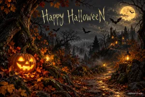 Ein leuchtender Kürbis und Laternen säumen einen Waldweg zu einem Haus unter dem Vollmond; darüber steht "Happy Halloween".