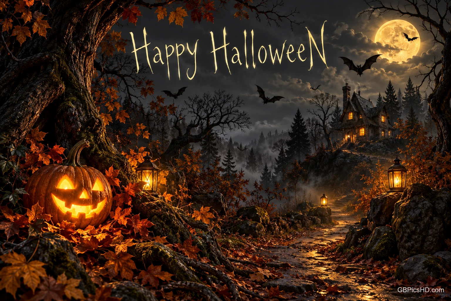 Ein leuchtender Kürbis und Laternen säumen einen Waldweg zu einem Haus unter dem Vollmond; darüber steht "Happy Halloween".