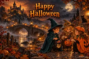 Drei verkleidete Kinder mit Kürbiseimern sitzen vor einer Steinbrücke und einem beleuchteten Schloss; oben steht "Happy Halloween".
