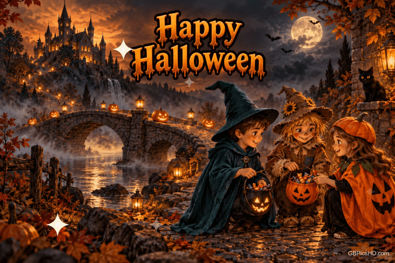 Drei verkleidete Kinder mit Kürbiseimern sitzen vor einer Steinbrücke und einem beleuchteten Schloss; oben steht "Happy Halloween".