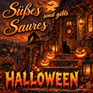 Leuchtende Kürbisse, eine schwarze Katze und ein Hexenhut vor einer Haustür mit "Süßes sonst gibt’s Saures Halloween".