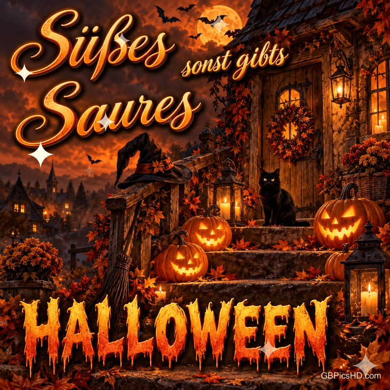 Leuchtende Kürbisse, eine schwarze Katze und ein Hexenhut vor einer Haustür mit "Süßes sonst gibt’s Saures Halloween".
