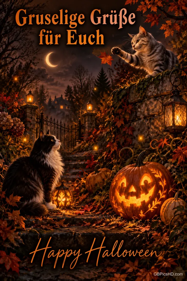 Zwei Katzen, Kürbisse und Laternen an einer Gartentreppe mit "Gruselige Grüße für Euch" und "Happy Halloween".