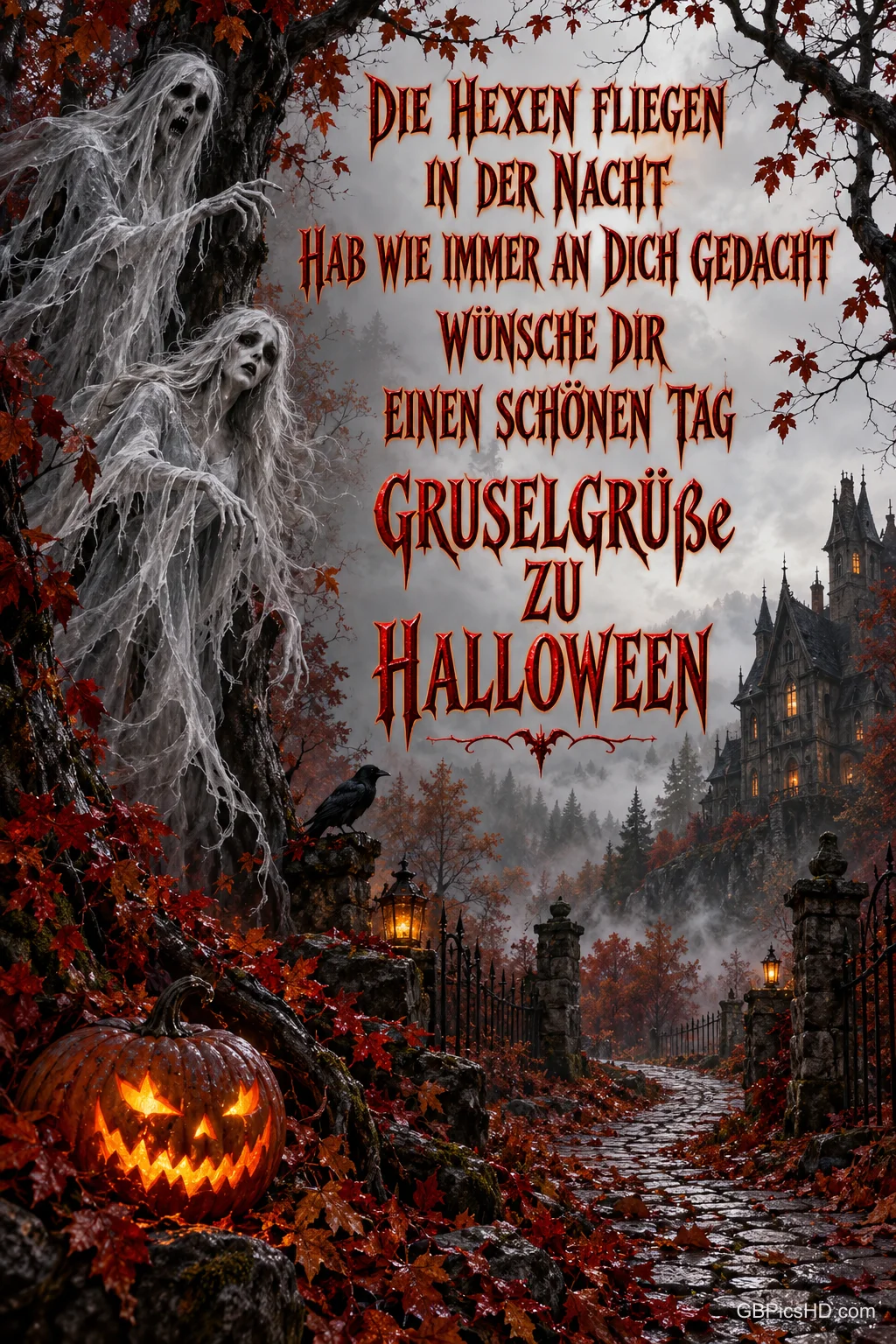 Geistergestalten am Baum, ein leuchtender Kürbis und ein nebliger Weg zum Schloss mit "Gruselgrüße zu Halloween". Geistergestalten am Baum, ein leuchtender Kürbis und ein nebliger Weg zum Schloss mit "Gruselgrüße zu Halloween".