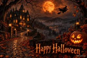 Eine Hexe fliegt vor dem Vollmond über einer nebligen Landschaft mit Schloss und Kürbis; darunter steht "Happy Halloween".