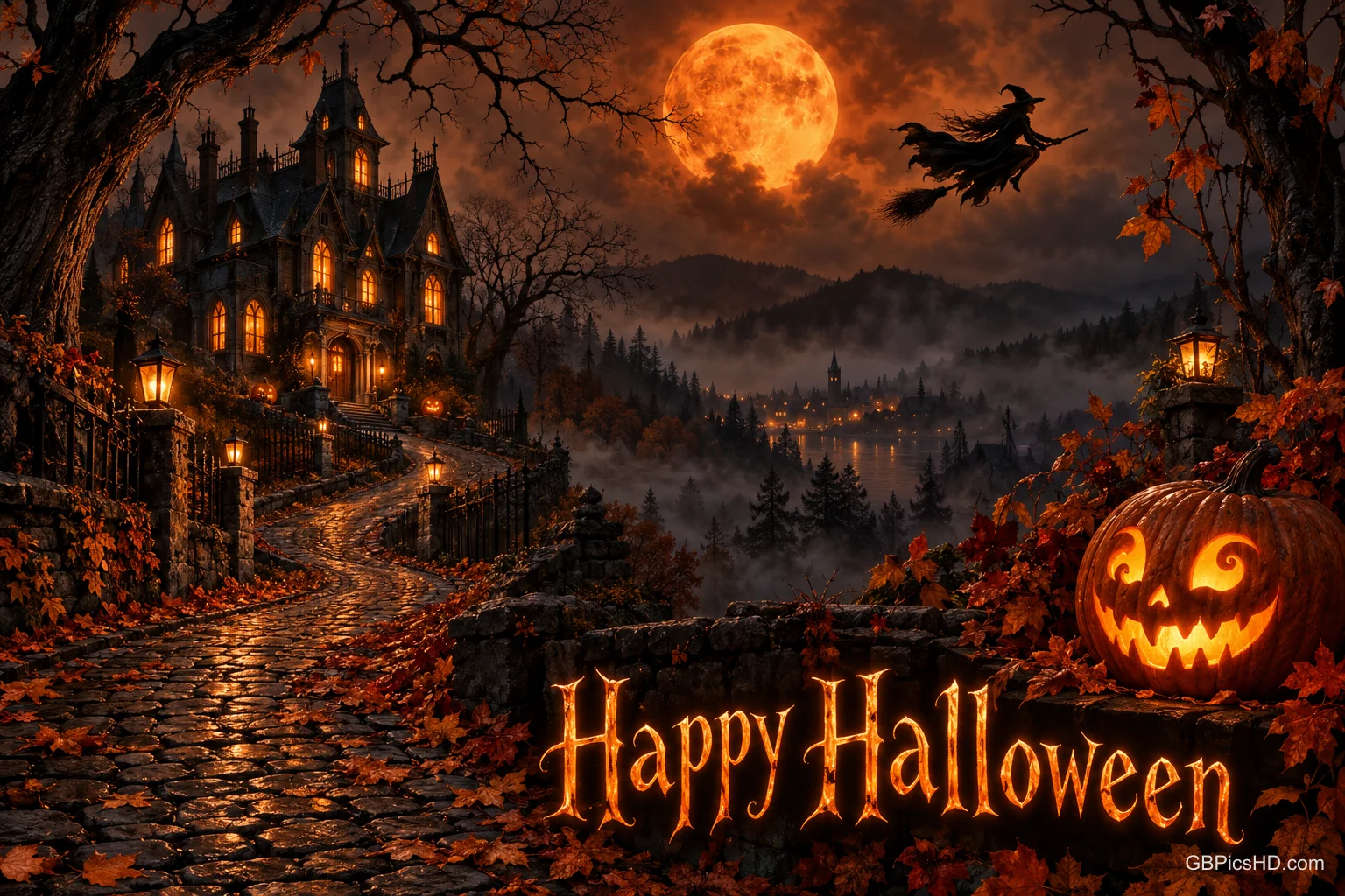 Eine Hexe fliegt vor dem Vollmond über einer nebligen Landschaft mit Schloss und Kürbis; darunter steht "Happy Halloween".