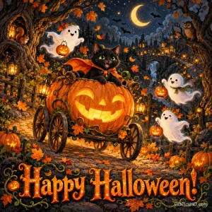 Eine schwarze Katze sitzt in einer Kürbiskutsche, umgeben von freundlichen Geistern und Laternen, mit "Happy Halloween!".
