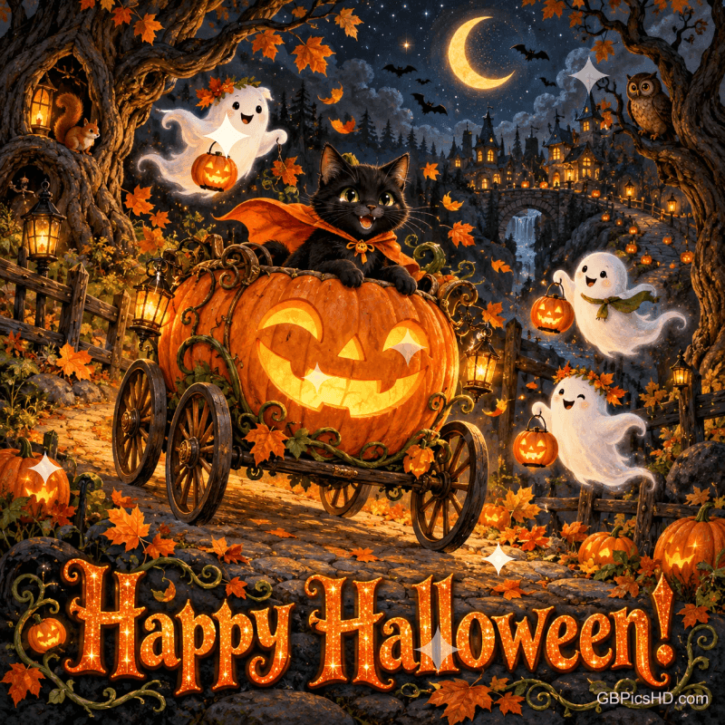 Eine schwarze Katze sitzt in einer Kürbiskutsche, umgeben von freundlichen Geistern und Laternen, mit "Happy Halloween!".