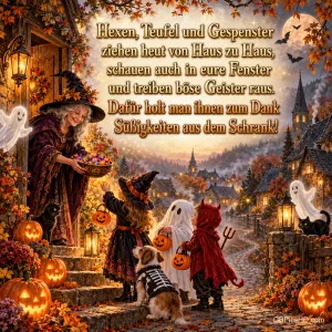 Eine Hexe reicht verkleideten Kindern Süßigkeiten; ein Hund trägt ein Skelettkostüm. Darüber steht "Hexen, Teufel und Gespenster".