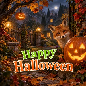 Ein Fuchs schaut neben einem leuchtenden Kürbis hervor; im herbstlichen Garten steht "Happy Halloween".