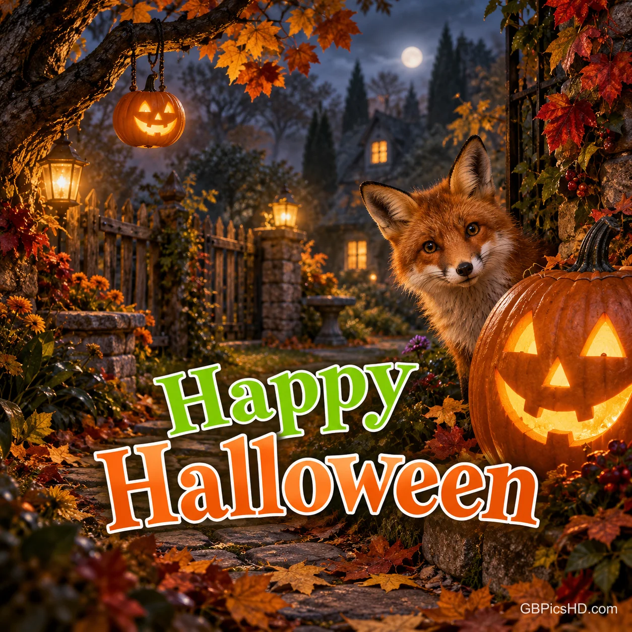 Ein Fuchs schaut neben einem leuchtenden Kürbis hervor; im herbstlichen Garten steht "Happy Halloween".