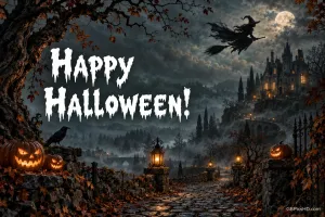 Eine Hexe fliegt auf einem Besen über einen Weg mit Kürbislichtern zu einem düsteren Schloss; links steht "Happy Halloween!".