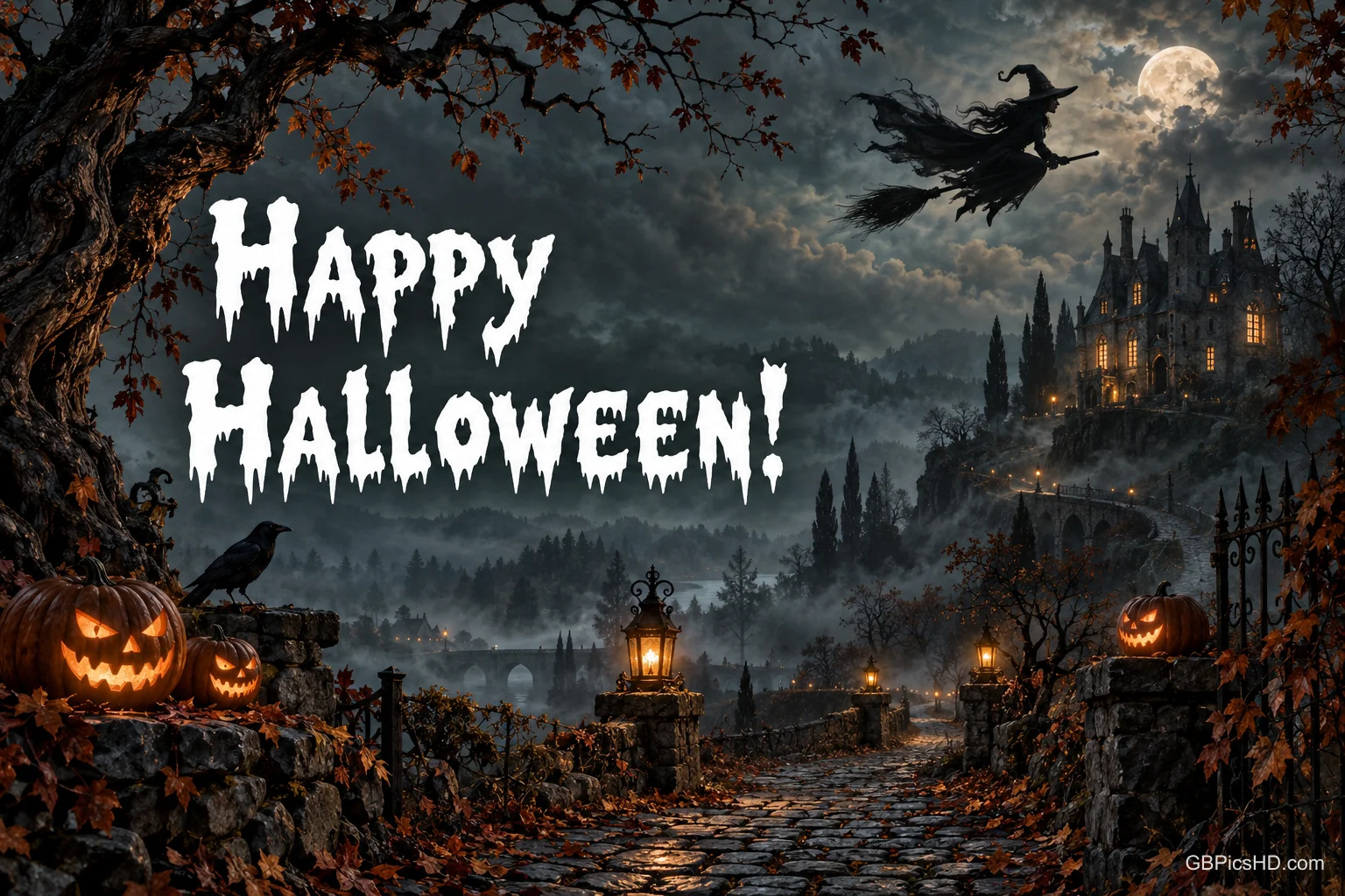 Eine Hexe fliegt auf einem Besen über einen Weg mit Kürbislichtern zu einem düsteren Schloss; links steht "Happy Halloween!".