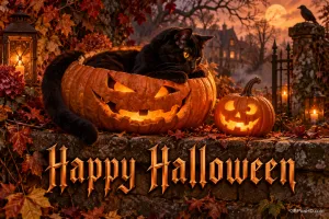 Eine schwarze Katze liegt in einem leuchtenden Kürbis neben Laternen und Herbstlaub mit "Happy Halloween".