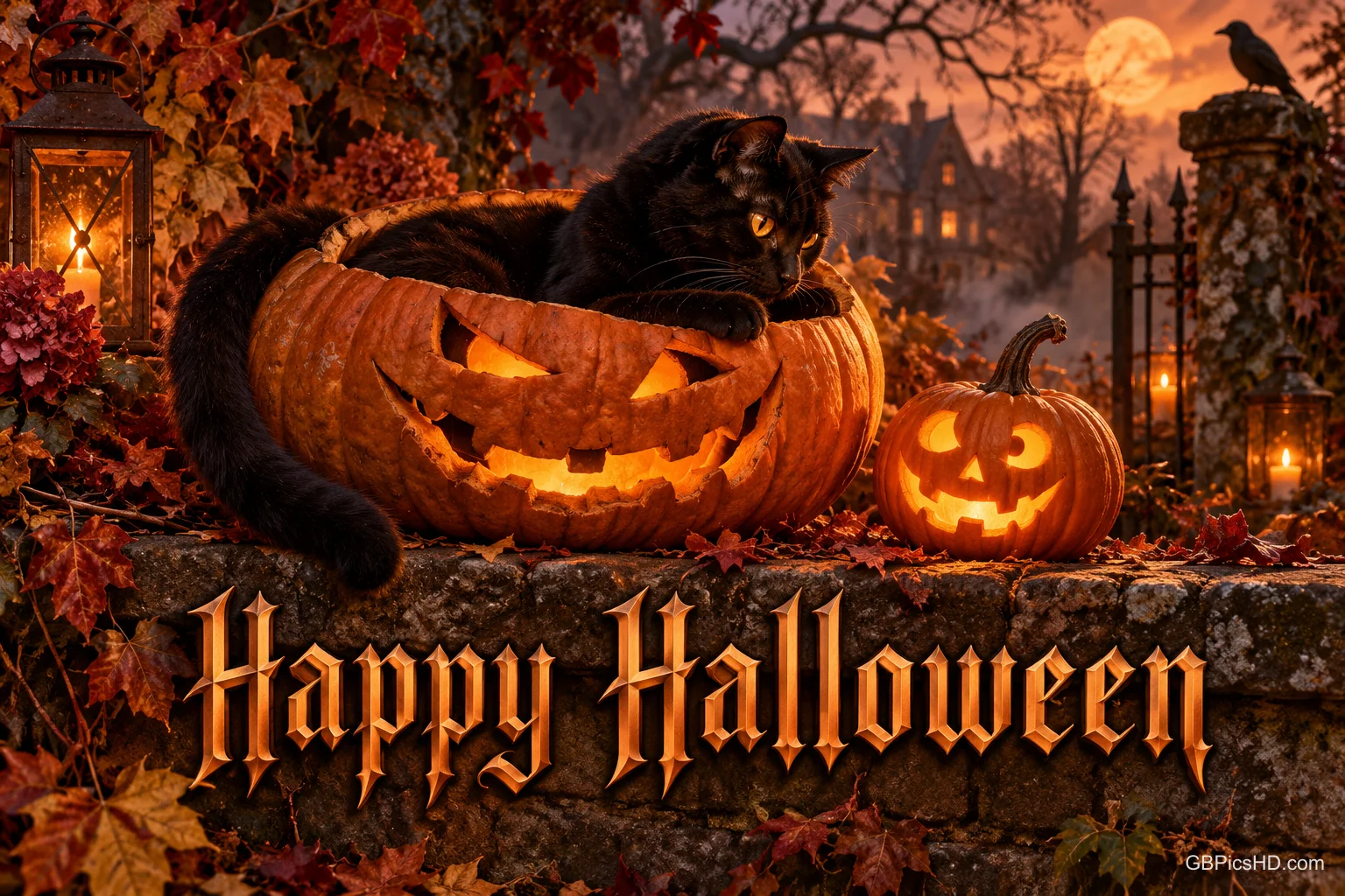 Eine schwarze Katze liegt in einem leuchtenden Kürbis neben Laternen und Herbstlaub mit "Happy Halloween". Eine schwarze Katze liegt in einem leuchtenden Kürbis neben Laternen und Herbstlaub mit "Happy Halloween".