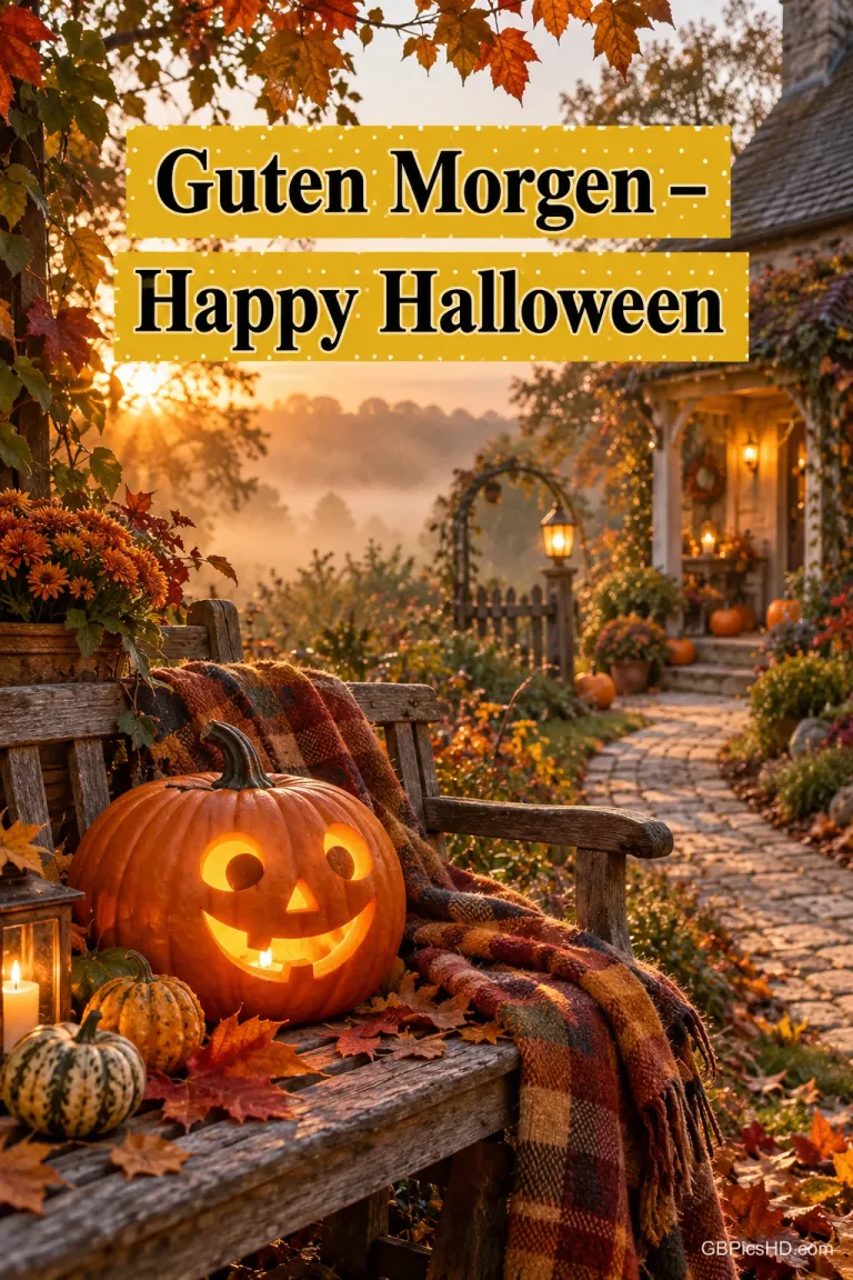 Ein leuchtender Kürbis sitzt auf einer Holzbank neben einer karierten Decke mit "Guten Morgen – Happy Halloween".