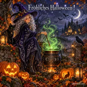 Eine Hexe rührt in einem grün leuchtenden Kessel neben einer schwarzen Katze und Kürbissen, darüber "Fröhliches Halloween!".