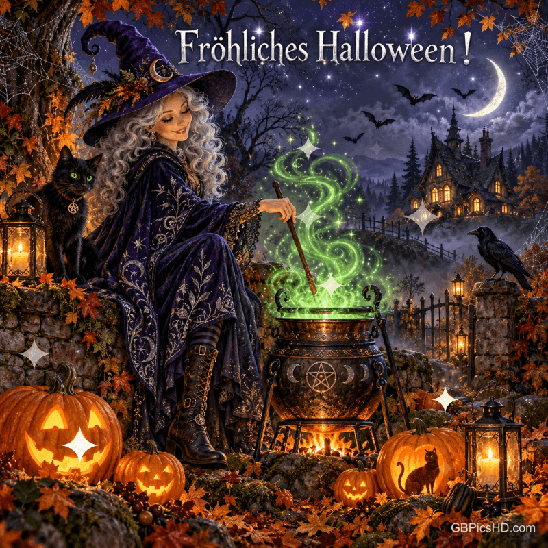Eine Hexe rührt in einem grün leuchtenden Kessel neben einer schwarzen Katze und Kürbissen, darüber "Fröhliches Halloween!".