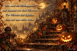 Kürbisse auf einer Treppe mit "Wir sind die Rübengeister und kommen von dem Meister. Der Meister hat befohlen, dass wir was Süßes holen.".