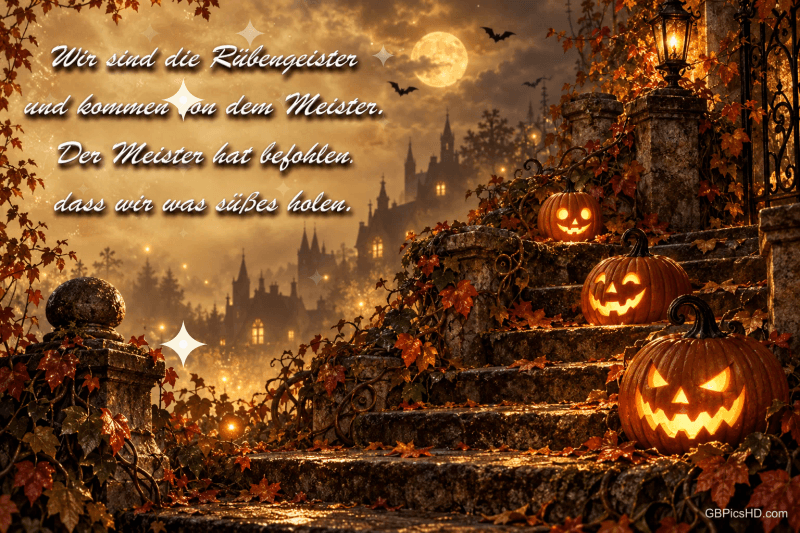 Kürbisse auf einer Treppe mit "Wir sind die Rübengeister und kommen von dem Meister. Der Meister hat befohlen, dass wir was Süßes holen.". Kürbisse auf einer Treppe mit "Wir sind die Rübengeister und kommen von dem Meister. Der Meister hat befohlen, dass wir was Süßes holen.".