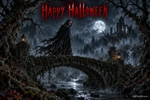 Eine dunkle Gestalt mit rotem Blick steht auf einer Steinbrücke vor Mond und Burgruine, darüber "Happy Halloween".