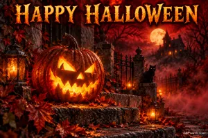Ein leuchtender Kürbis steht auf Steinstufen zwischen Laternen vor einem Schloss im Mondlicht mit "HAPPY HALLOWEEN".