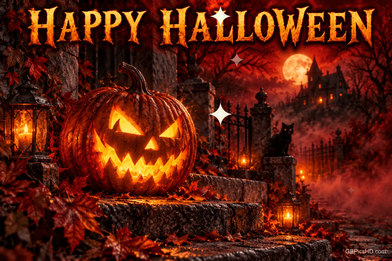 Ein leuchtender Kürbis steht auf Steinstufen zwischen Laternen vor einem Schloss im Mondlicht mit "HAPPY HALLOWEEN".
