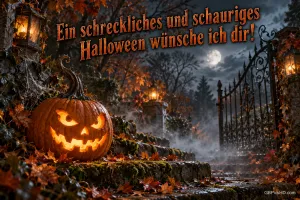 Ein leuchtender Kürbis steht neben einem nebligen Eisentor, darüber "Ein schreckliches und schauriges Halloween wünsche ich dir!".