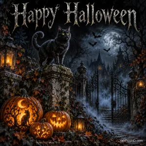 Eine schwarze Katze sitzt auf einem Steinpfeiler neben leuchtenden Kürbissen vor einem Schloss, darüber "Happy Halloween".