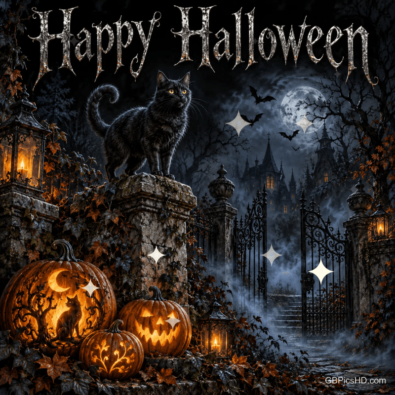 Eine schwarze Katze sitzt auf einem Steinpfeiler neben leuchtenden Kürbissen vor einem Schloss, darüber "Happy Halloween". Eine schwarze Katze sitzt auf einem Steinpfeiler neben leuchtenden Kürbissen vor einem Schloss, darüber "Happy Halloween".
