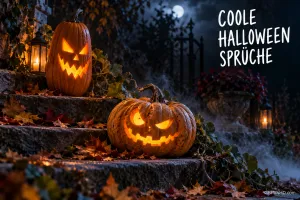Zwei leuchtende Kürbisse stehen mit Laternen auf laubbedeckten Steinstufen im Mondlicht neben "COOLE HALLOWEEN SPRÜCHE".