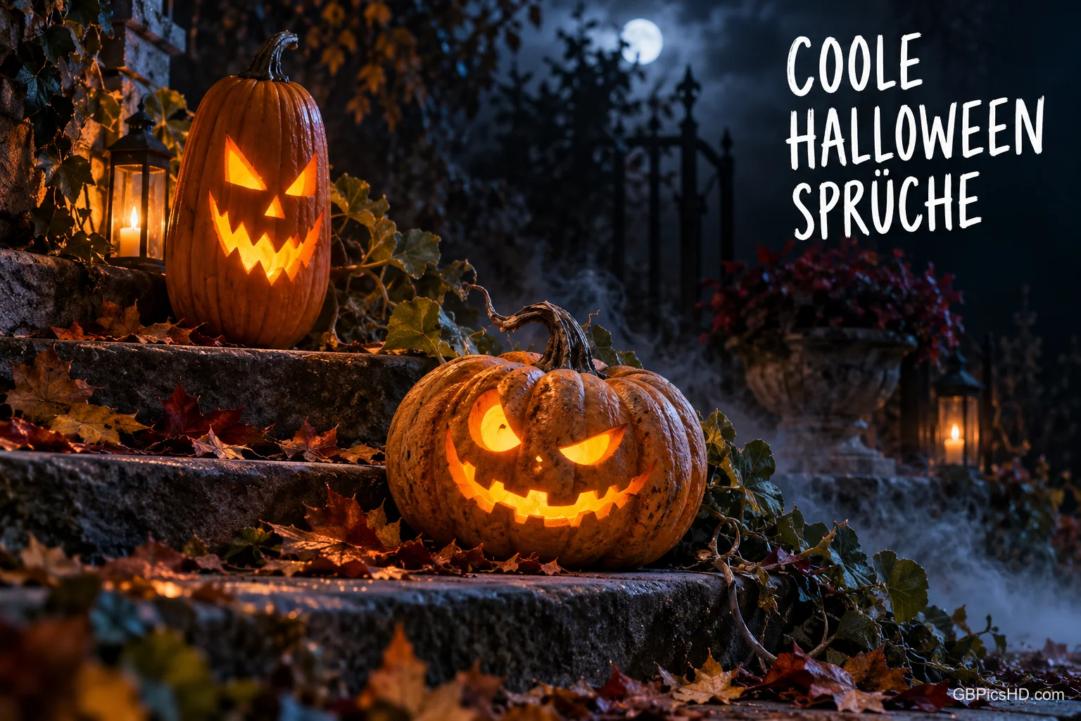 Zwei leuchtende Kürbisse stehen mit Laternen auf laubbedeckten Steinstufen im Mondlicht neben "COOLE HALLOWEEN SPRÜCHE".