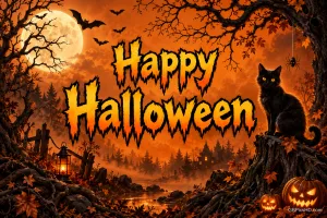 Eine schwarze Katze sitzt auf einem Baumstumpf neben Kürbissen, unter Fledermäusen und orangefarbenem Himmel mit "Happy Halloween".