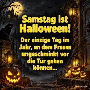 Kürbisse, Katze und Schloss mit "Samstag ist Halloween! Der einzige Tag im Jahr, an dem Frauen ungeschminkt vor die Tür gehen können...".