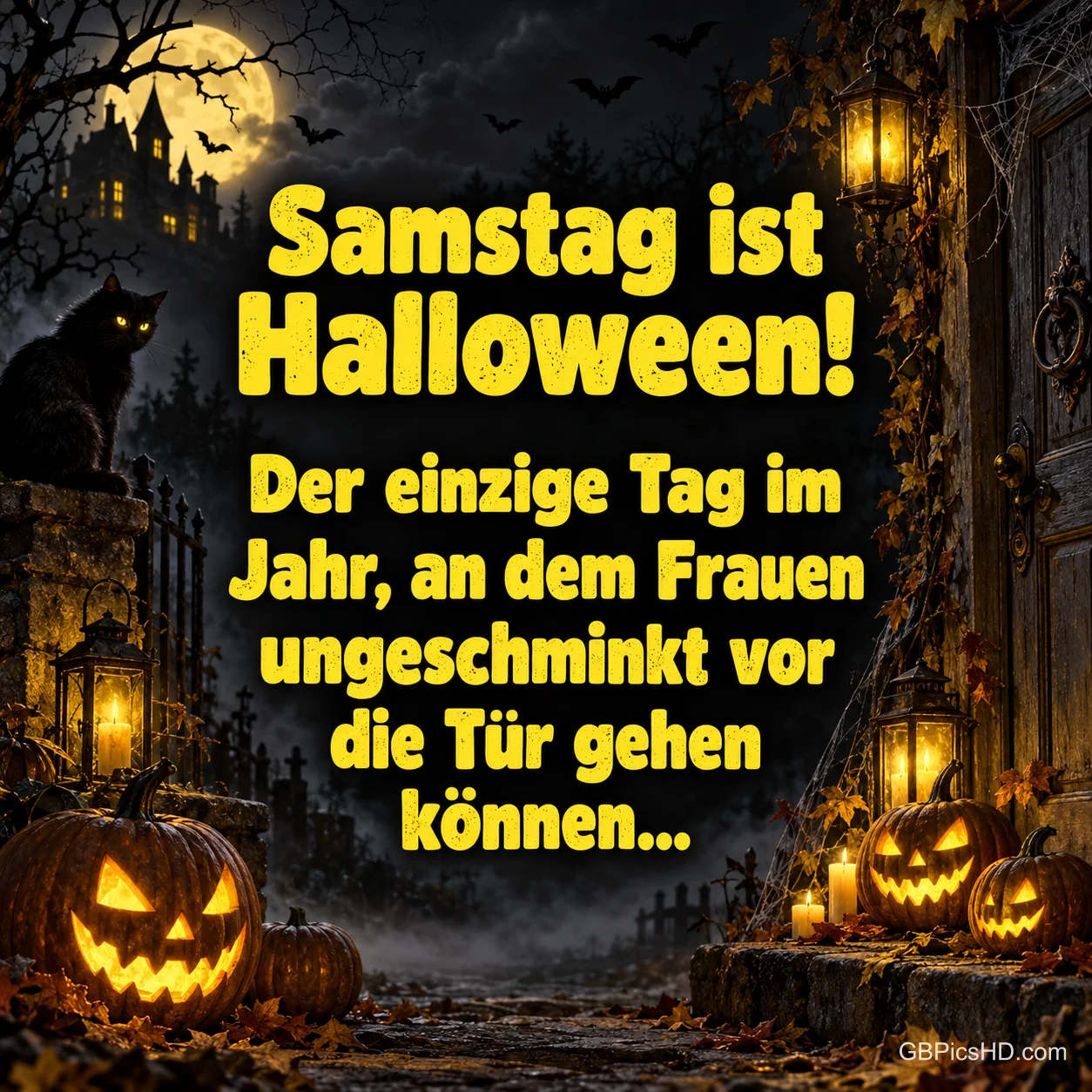 Kürbisse, Katze und Schloss mit "Samstag ist Halloween! Der einzige Tag im Jahr, an dem Frauen ungeschminkt vor die Tür gehen können...". Kürbisse, Katze und Schloss mit "Samstag ist Halloween! Der einzige Tag im Jahr, an dem Frauen ungeschminkt vor die Tür gehen können...".