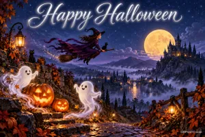 Eine Hexe fliegt auf einem Besen über zwei freundliche Geister und Kürbisse vor einer Mondlandschaft, darüber "Happy Halloween".