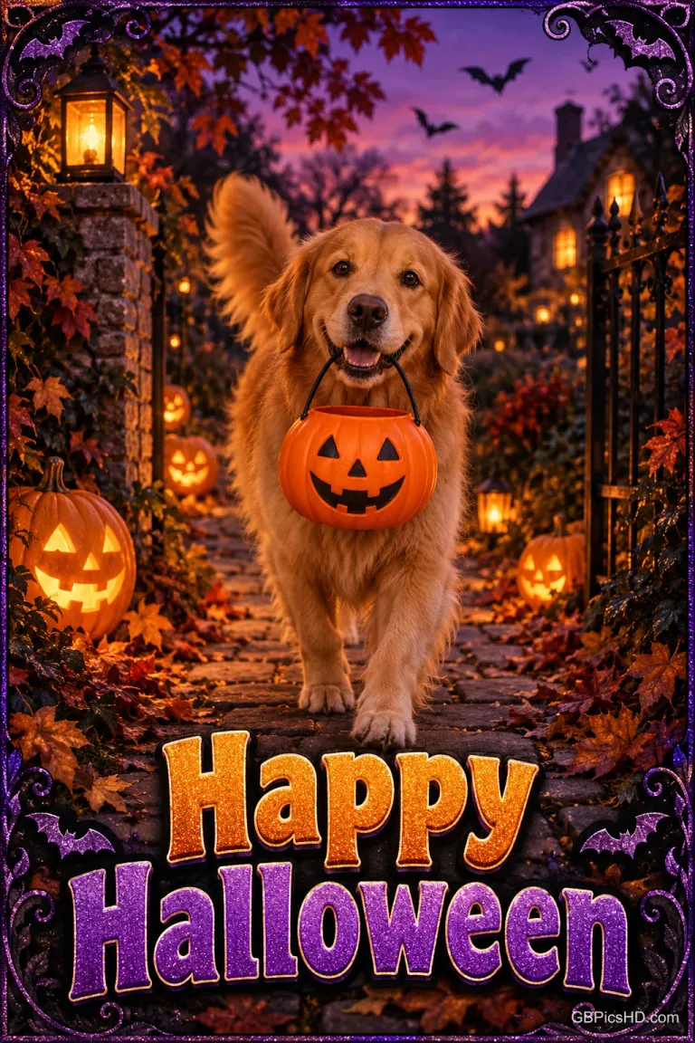 Ein Golden Retriever trägt einen Kürbiseimer im Maul auf einem herbstlichen Weg mit Laternen, darunter "Happy Halloween".