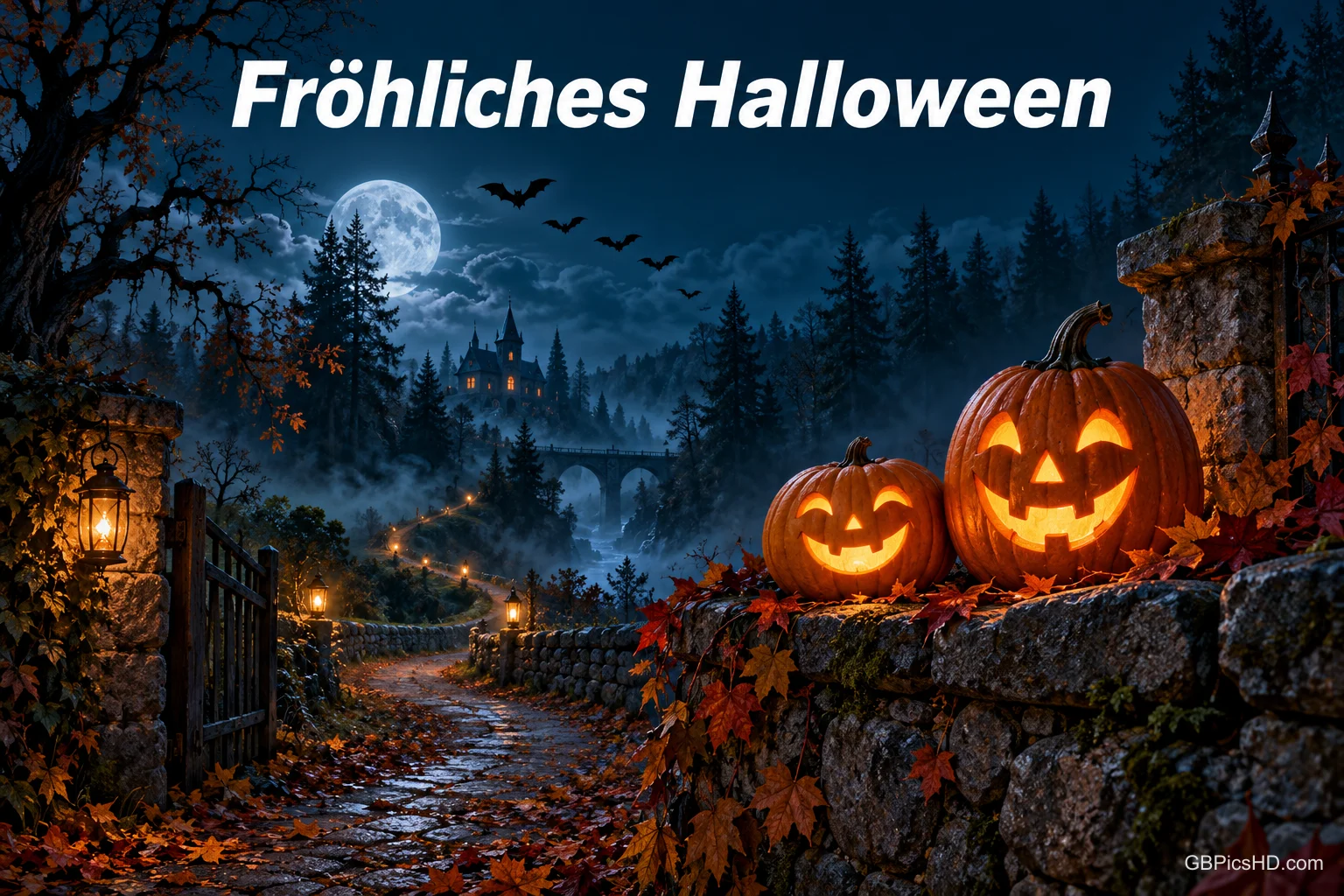 Zwei leuchtende Kürbisse stehen auf einer Steinmauer an einem Weg zum Schloss im Mondlicht unter "Fröhliches Halloween". Zwei leuchtende Kürbisse stehen auf einer Steinmauer an einem Weg zum Schloss im Mondlicht unter "Fröhliches Halloween".