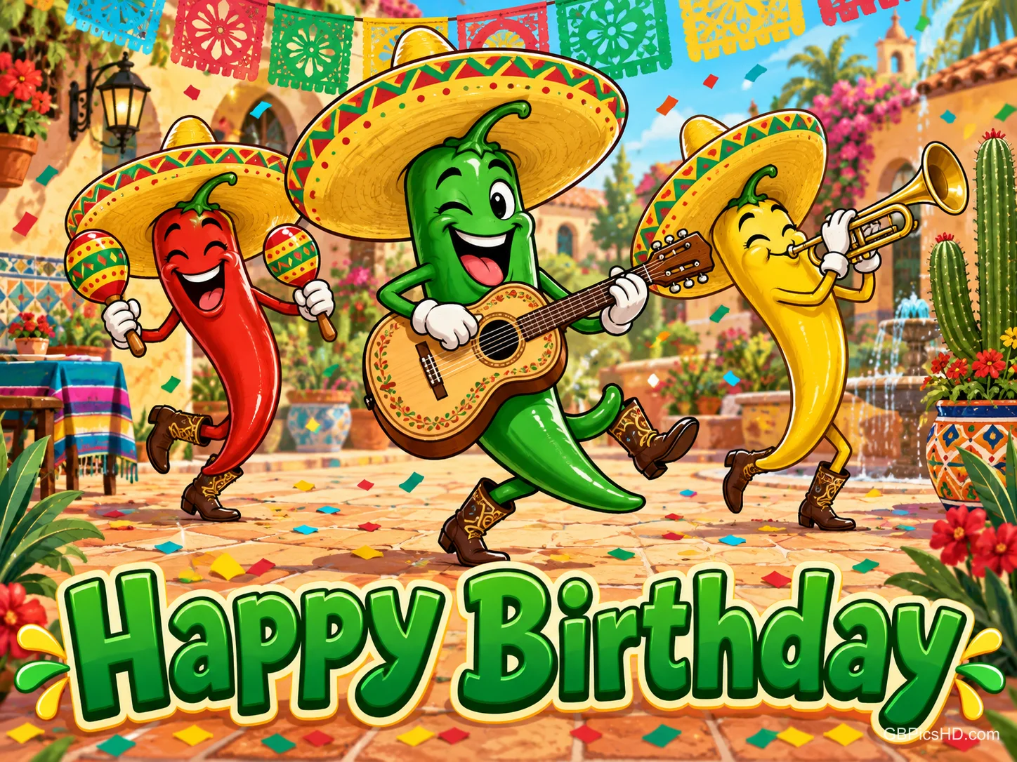 Drei fröhliche Chilischoten mit Sombreros spielen Gitarre, Maracas und Trompete auf einem bunten mexikanischen Fest über dem grünen Schriftzug "Happy Birthday". Drei fröhliche Chilischoten mit Sombreros spielen Gitarre, Maracas und Trompete auf einem bunten mexikanischen Fest über dem grünen Schriftzug "Happy Birthday".