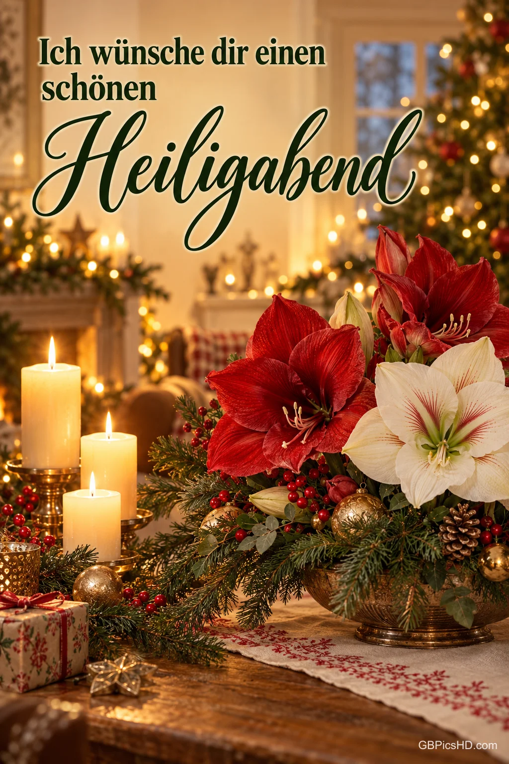 Weihnachtsgruß mit roten und weißen Amaryllis in einer Schale, brennenden Kerzen und Tannengrün vor einem festlich geschmückten Baum im warmen Kerzenlicht Weihnachtsgruß mit roten und weißen Amaryllis in einer Schale, brennenden Kerzen und Tannengrün vor einem festlich geschmückten Baum im warmen Kerzenlicht