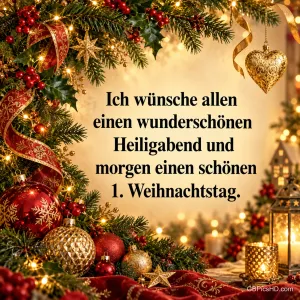 Festlicher Rahmen aus Tannenzweigen, roten und goldenen Kugeln, Schleifen, goldenem Herz und Laterne um einen Gruß zum Heiligabend und ersten Weihnachtstag