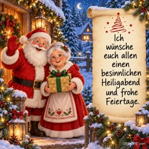 Weihnachtsmann winkt fröhlich neben Frau Weihnachtsmann mit Geschenk vor einem verschneiten Haus, daneben eine Schriftrolle mit Wünschen zum Heiligabend