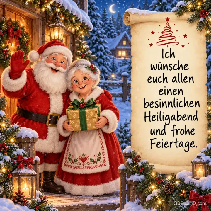 Weihnachtsmann winkt fröhlich neben Frau Weihnachtsmann mit Geschenk vor einem verschneiten Haus, daneben eine Schriftrolle mit Wünschen zum Heiligabend Weihnachtsmann winkt fröhlich neben Frau Weihnachtsmann mit Geschenk vor einem verschneiten Haus, daneben eine Schriftrolle mit Wünschen zum Heiligabend