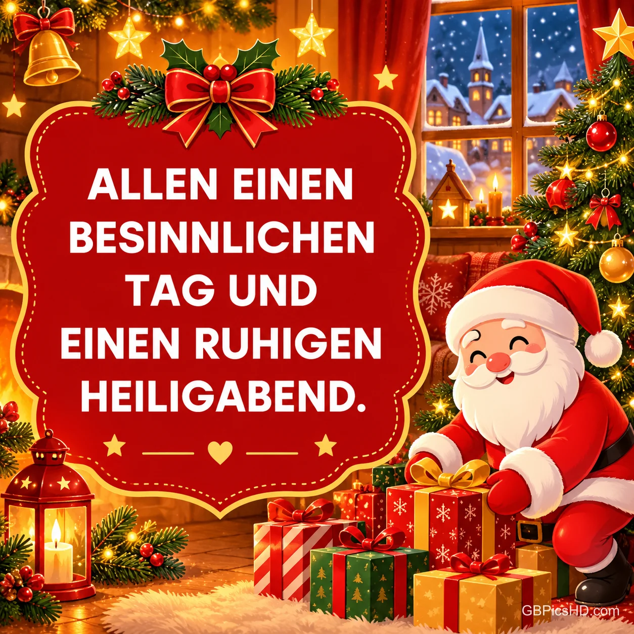 Lächelnder Weihnachtsmann ordnet Geschenke im festlichen Wohnzimmer, darüber ein rotes Schild mit goldenem Rand und Wünschen für einen ruhigen Heiligabend Lächelnder Weihnachtsmann ordnet Geschenke im festlichen Wohnzimmer, darüber ein rotes Schild mit goldenem Rand und Wünschen für einen ruhigen Heiligabend